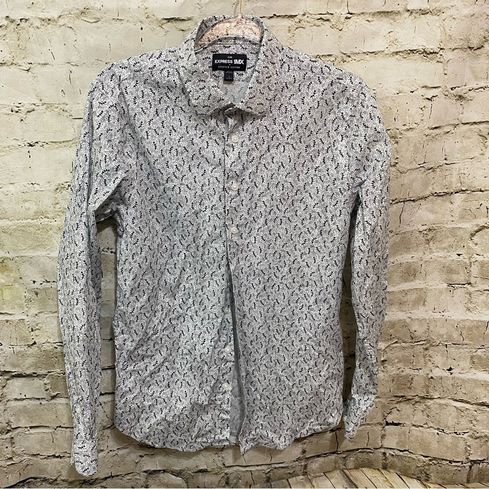Express 1MX Slim Stretch Cotton White Black Button Up Shirt